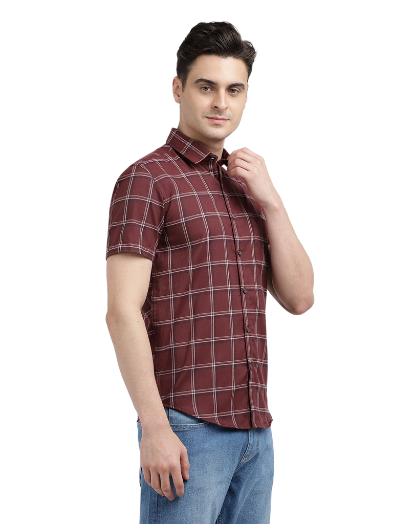 Model wearing Clarke Gable's Maroon Checked Casual Shirt in a casual setting