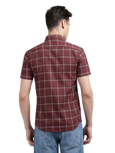 Model wearing Clarke Gable's Maroon Checked Casual Shirt in a casual setting