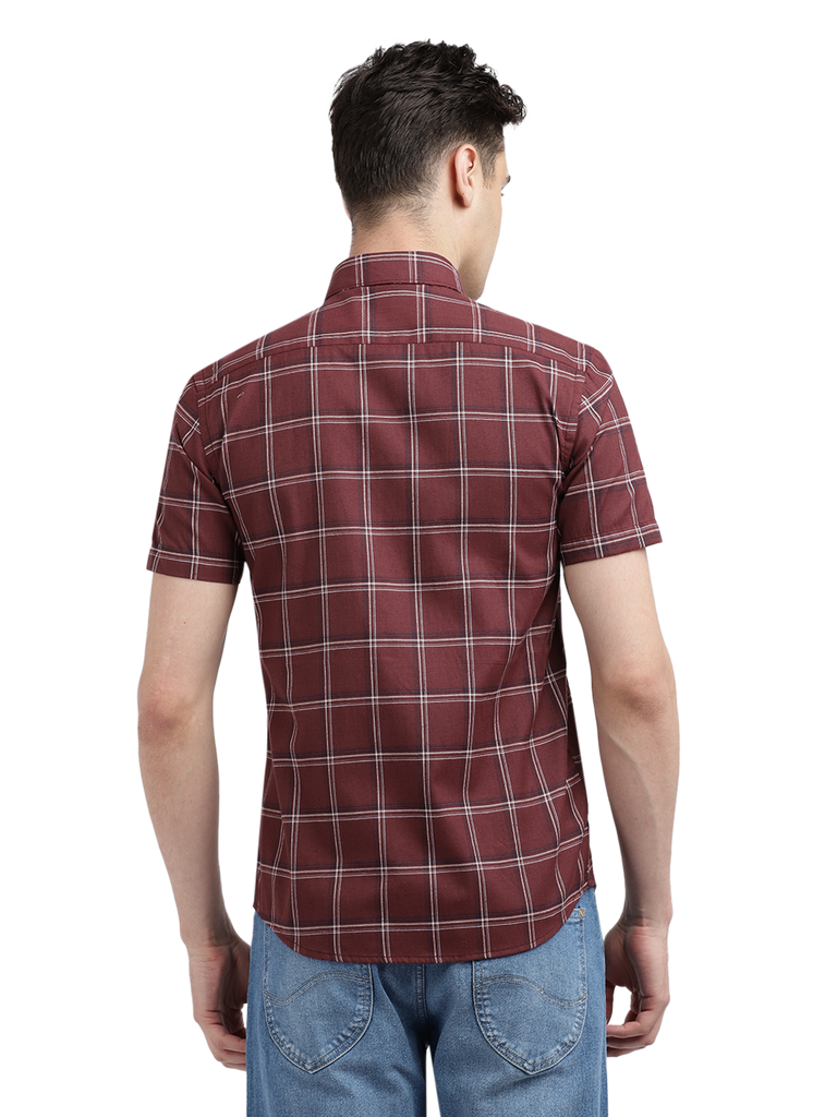 Model wearing Clarke Gable's Maroon Checked Casual Shirt in a casual setting