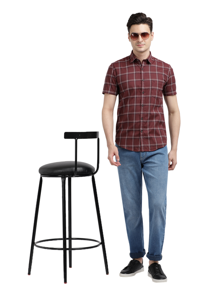 Model wearing Clarke Gable's Maroon Checked Casual Shirt in a casual setting