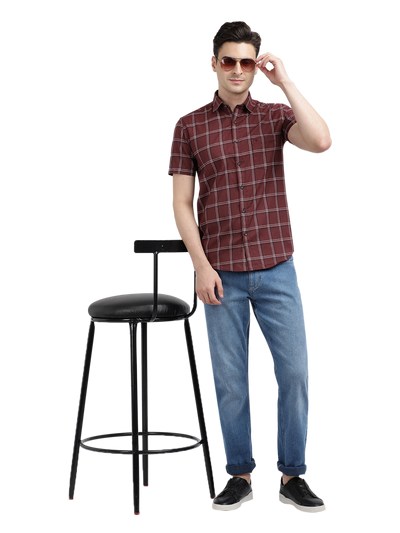 Model wearing Clarke Gable's Maroon Checked Casual Shirt in a casual setting