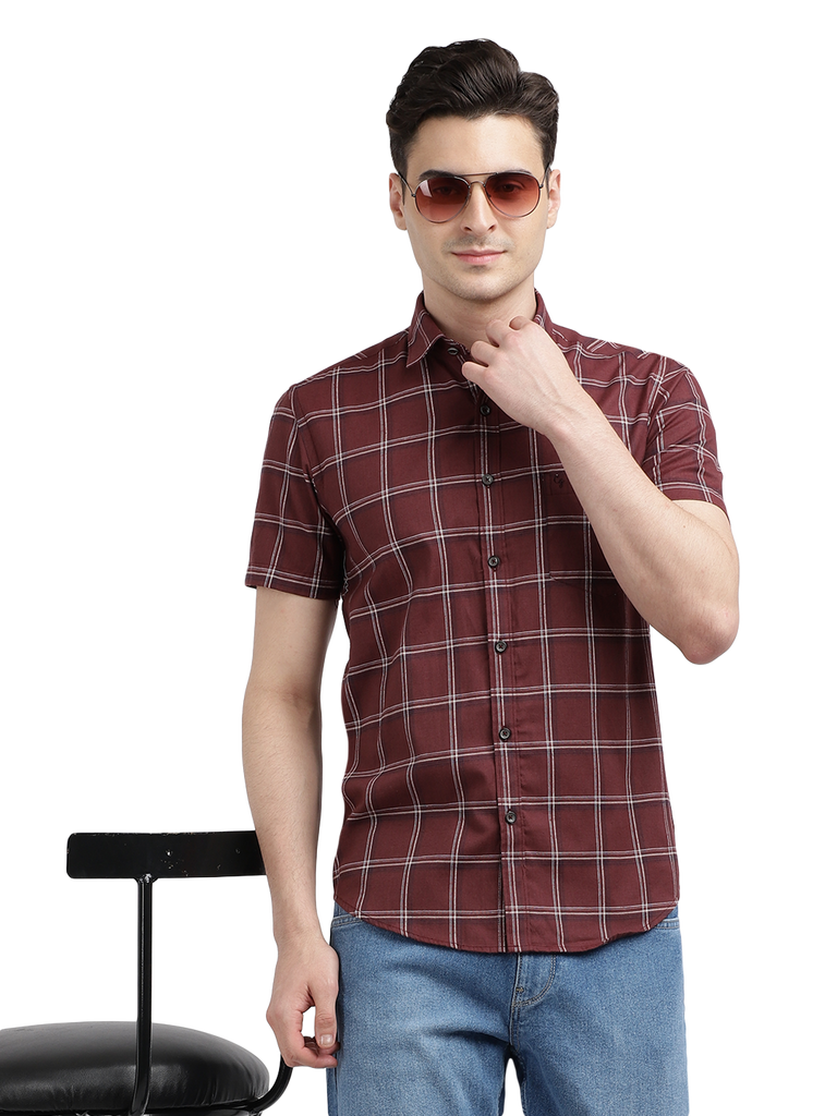 Model wearing Clarke Gable's Maroon Checked Casual Shirt in a casual setting