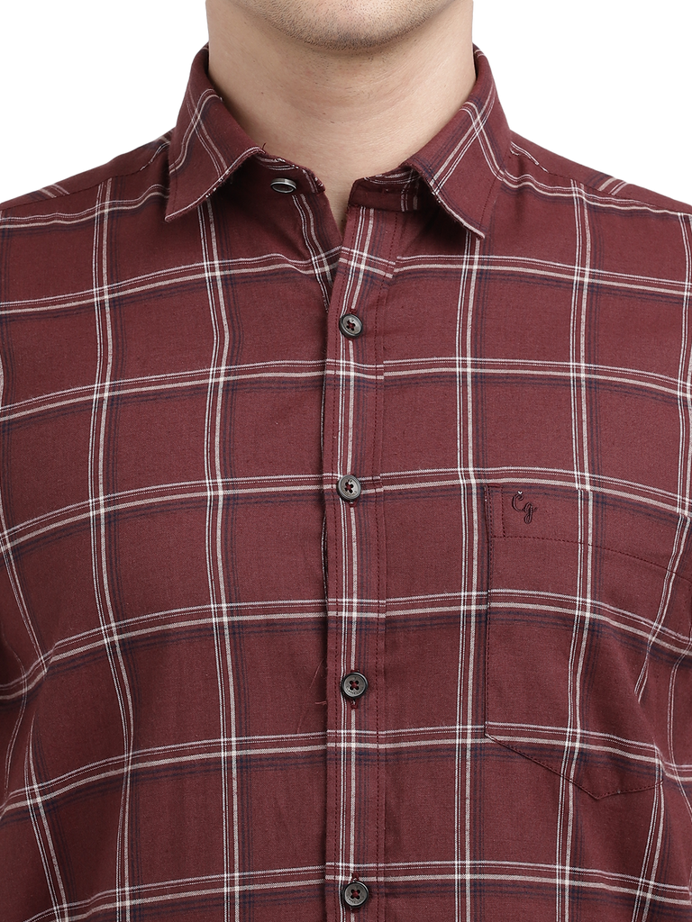 Model wearing Clarke Gable's Maroon Checked Casual Shirt in a casual setting