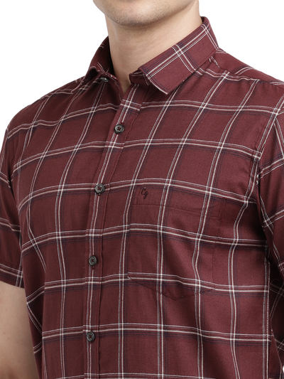 Model wearing Clarke Gable's Maroon Checked Casual Shirt in a casual setting
