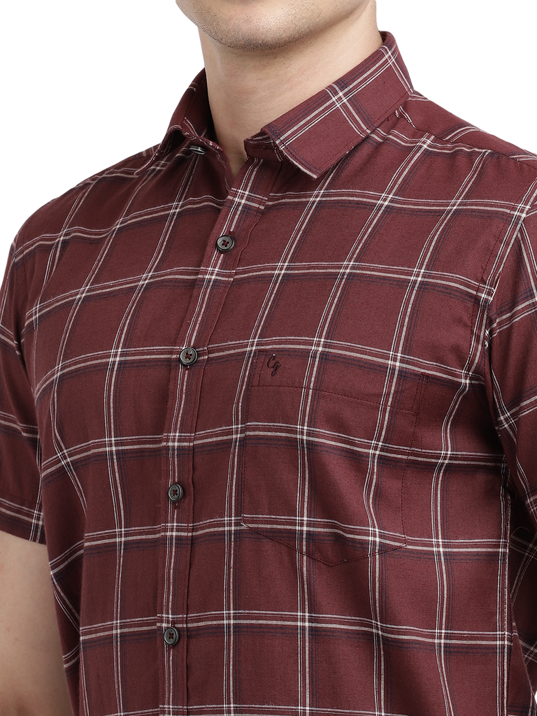 Model wearing Clarke Gable's Maroon Checked Casual Shirt in a casual setting