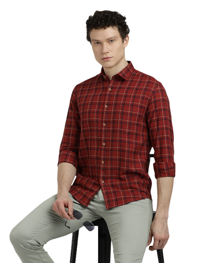 Model wearing Clarke Gable's Maroon Checked Semi Casual Shirt in a casual setting