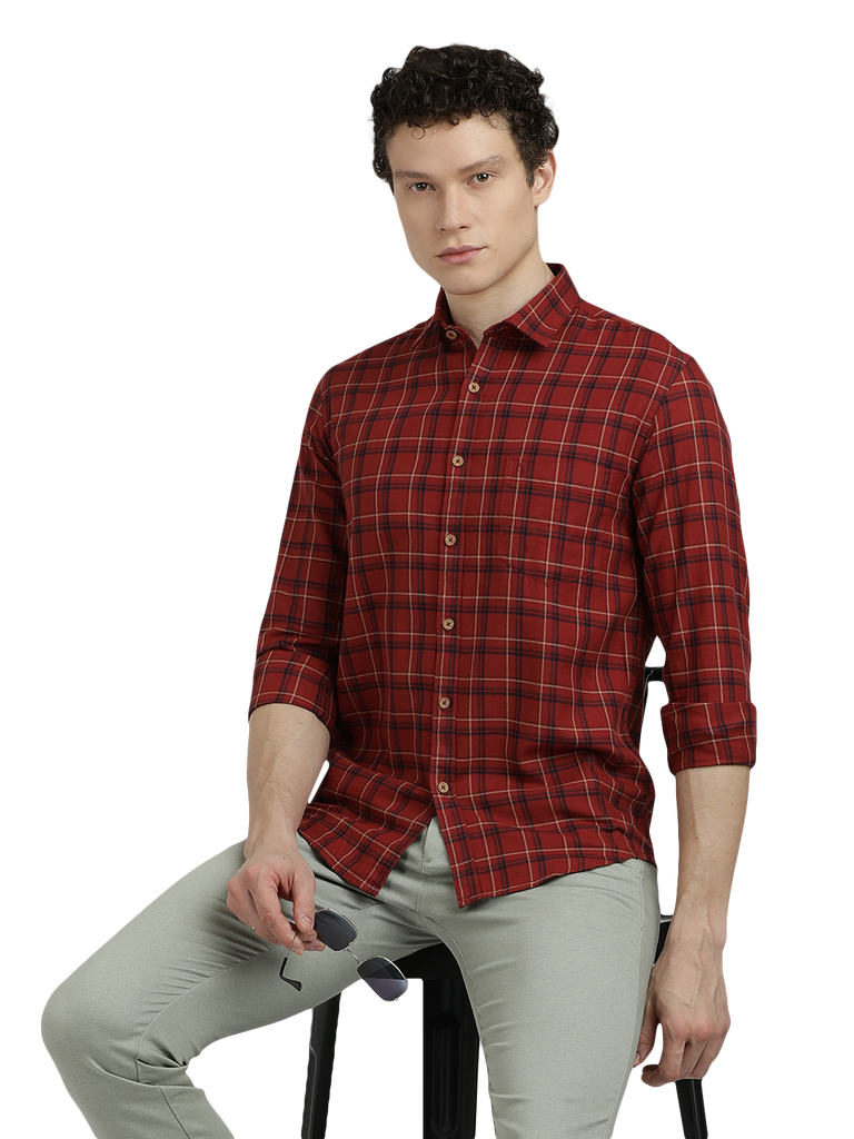 Model wearing Clarke Gable's Maroon Checked Semi Casual Shirt in a casual setting