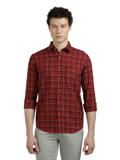 Model wearing Clarke Gable's Maroon Checked Semi Casual Shirt in a casual setting