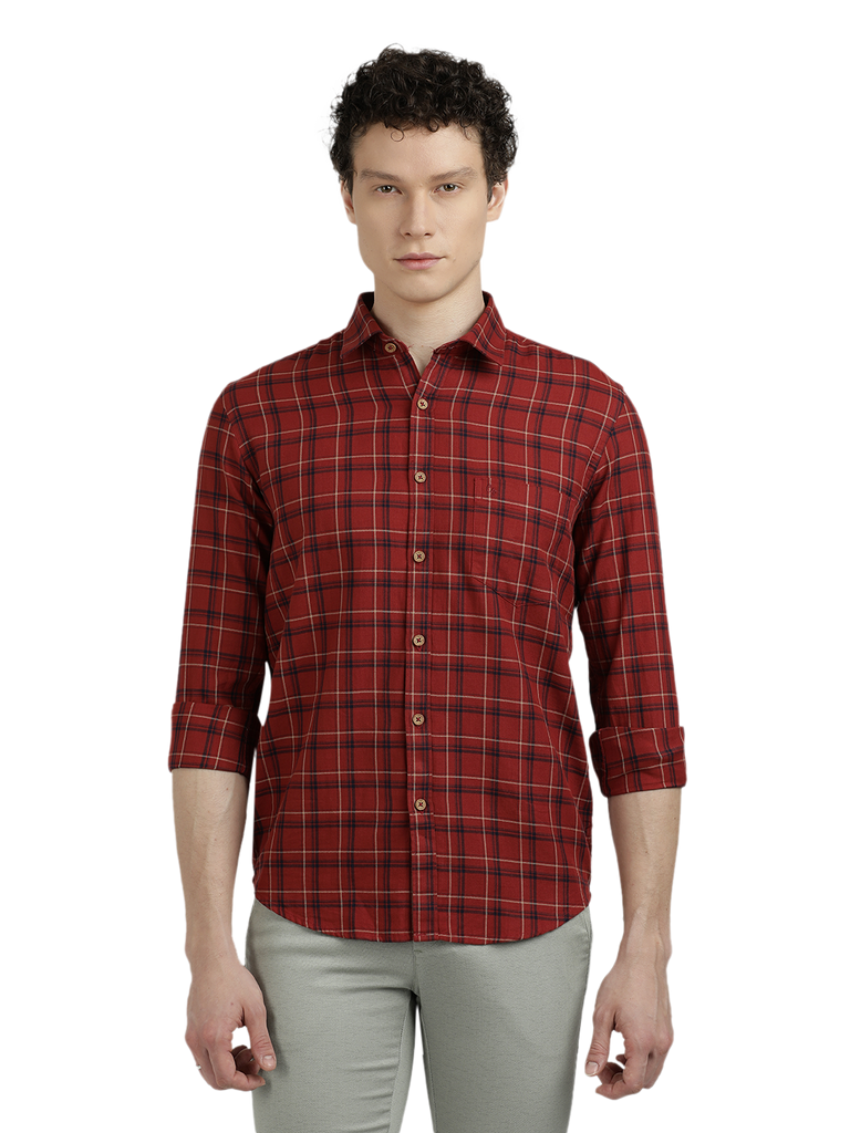 Model wearing Clarke Gable's Maroon Checked Semi Casual Shirt in a casual setting