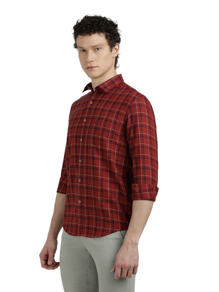 Model wearing Clarke Gable's Maroon Checked Semi Casual Shirt in a casual setting