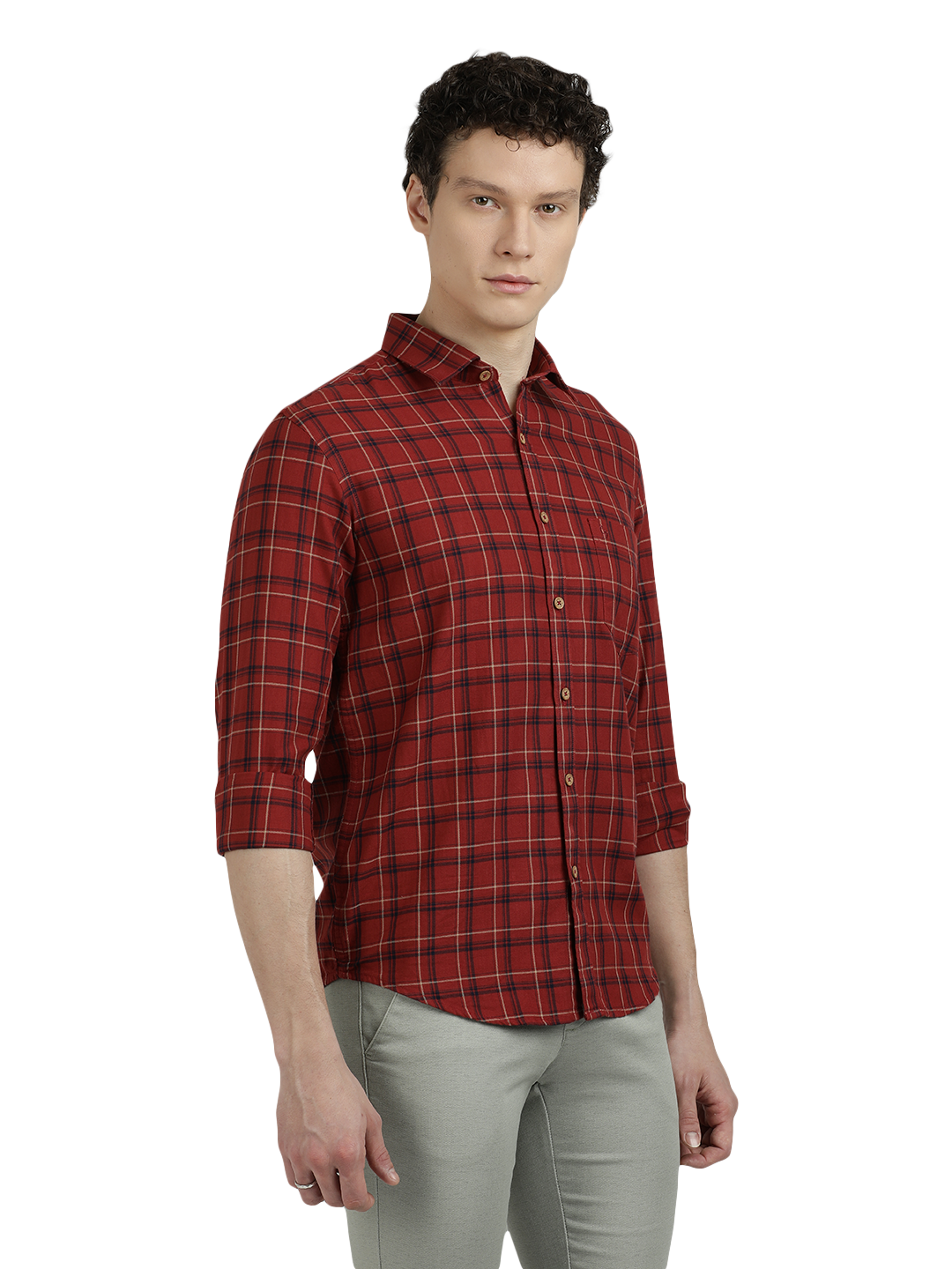 Model wearing Clarke Gable's Maroon Checked Semi Casual Shirt in a casual setting