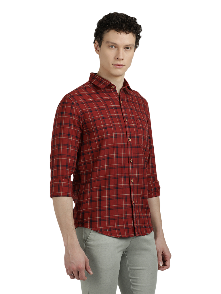 Model wearing Clarke Gable's Maroon Checked Semi Casual Shirt in a casual setting