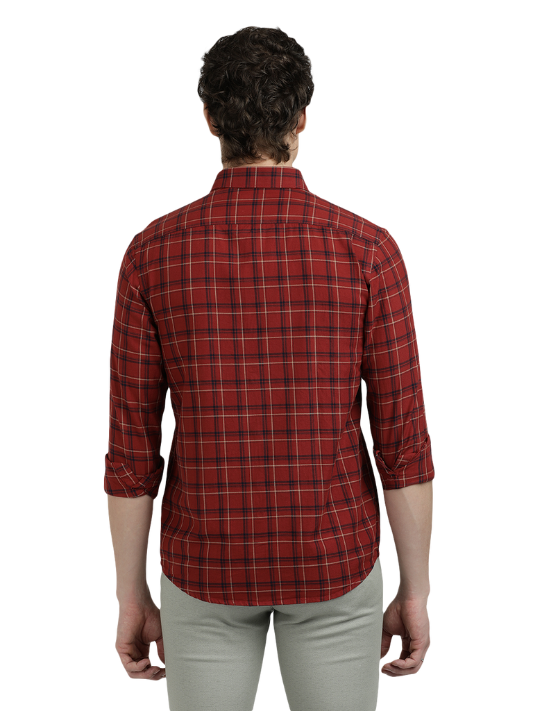 Model wearing Clarke Gable's Maroon Checked Semi Casual Shirt in a casual setting