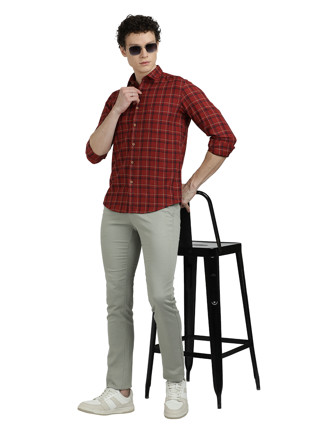 Model wearing Clarke Gable's Maroon Checked Semi Casual Shirt in a casual setting