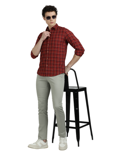 Model wearing Clarke Gable's Maroon Checked Semi Casual Shirt in a casual setting