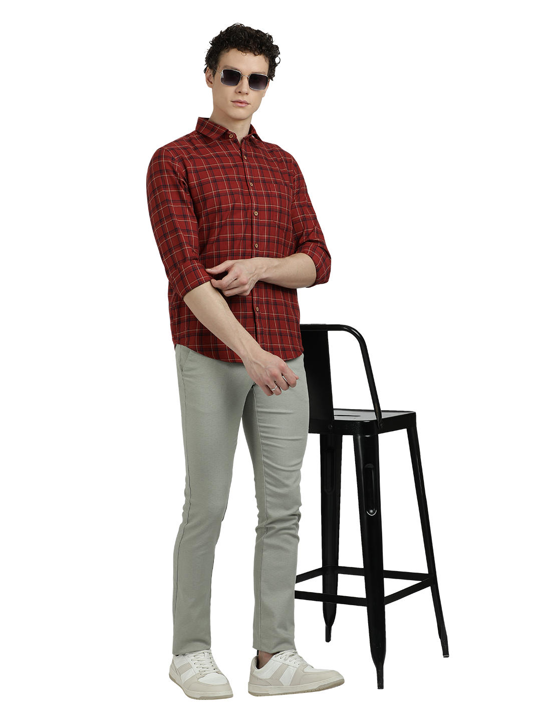 Model wearing Clarke Gable's Maroon Checked Semi Casual Shirt in a casual setting