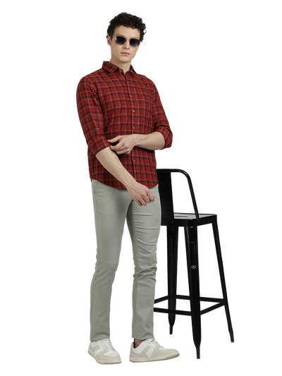 Model wearing Clarke Gable's Maroon Checked Semi Casual Shirt in a casual setting