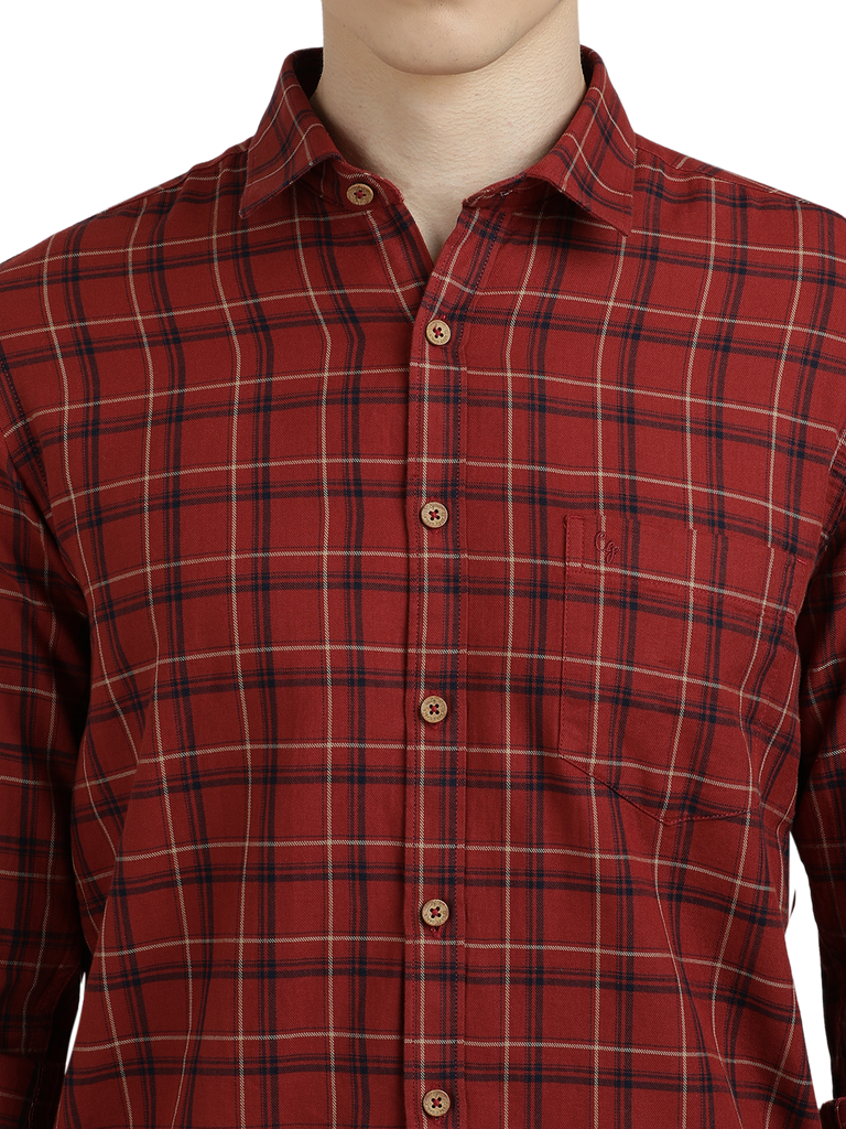 Model wearing Clarke Gable's Maroon Checked Semi Casual Shirt in a casual setting