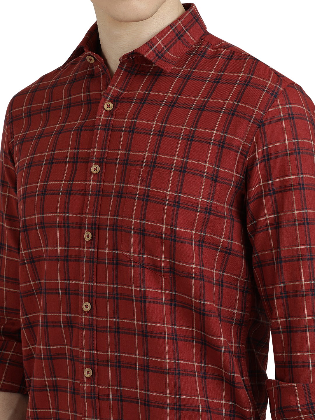 Model wearing Clarke Gable's Maroon Checked Semi Casual Shirt in a casual setting