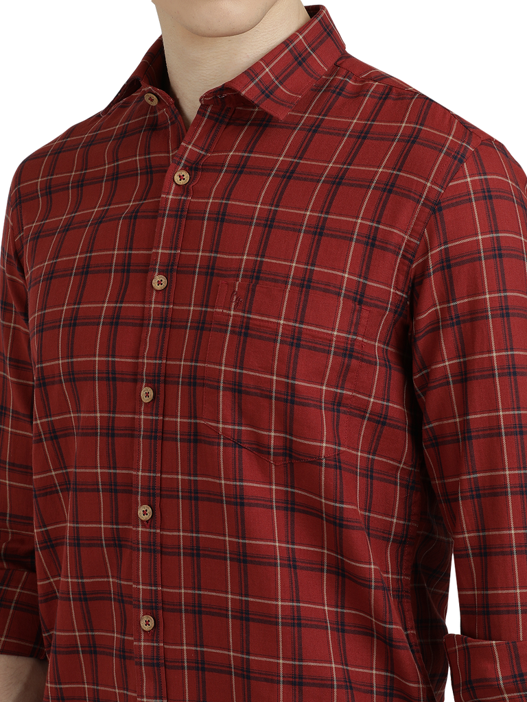 Model wearing Clarke Gable's Maroon Checked Semi Casual Shirt in a casual setting