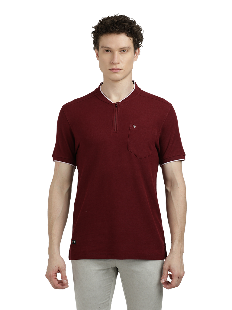 Model wearing Clarke Gable's Maroon Solid Henley Neck T-Shirt in a casual setting