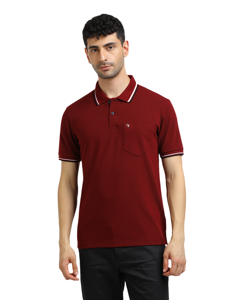 Model wearing Clarke Gable's Maroon Solid Polo Collar T-Shirt in a casual setting