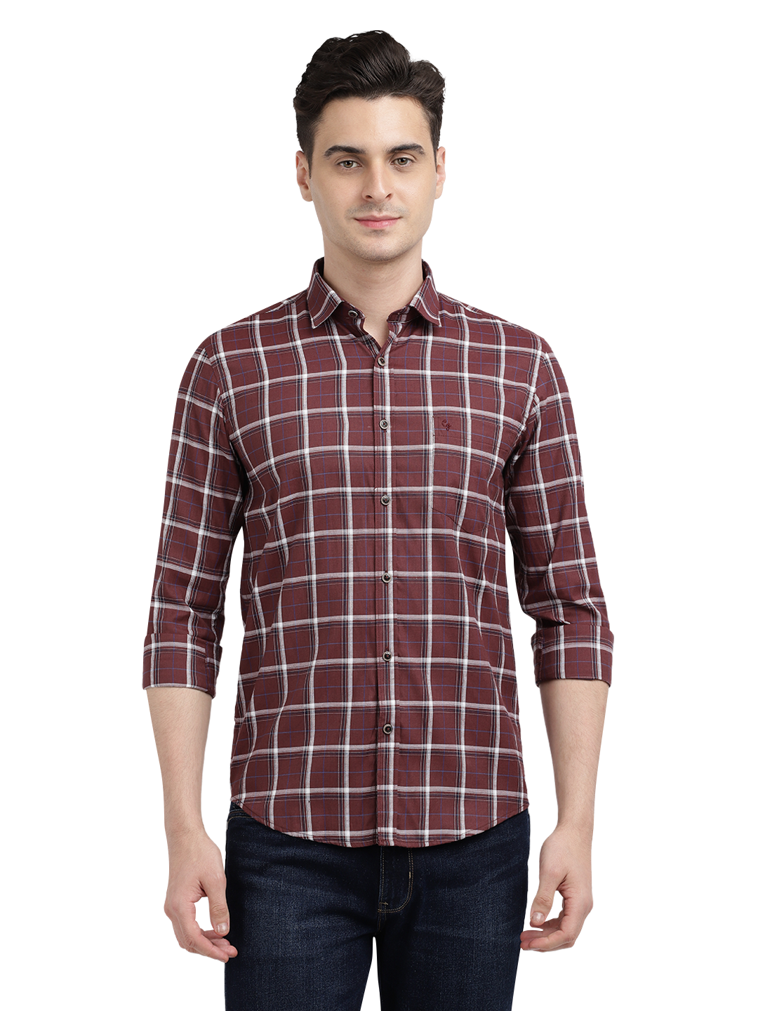 Model wearing Clarke Gable's Maroon With White Checked Casual Shirt in a casual setting