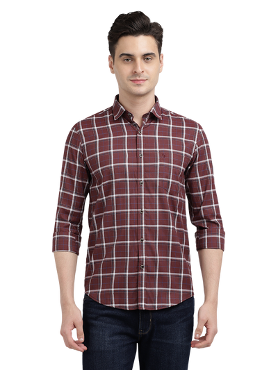 Model wearing Clarke Gable's Maroon With White Checked Casual Shirt in a casual setting