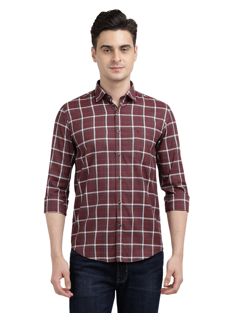 Model wearing Clarke Gable's Maroon With White Checked Casual Shirt in a casual setting