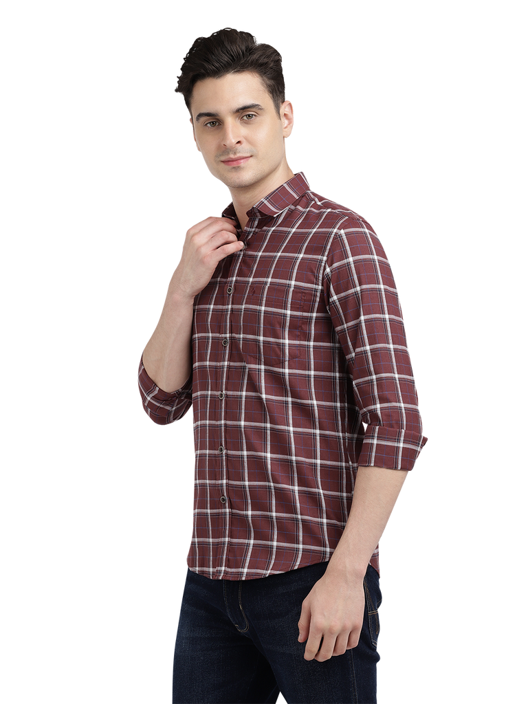 Model wearing Clarke Gable's Maroon With White Checked Casual Shirt in a casual setting