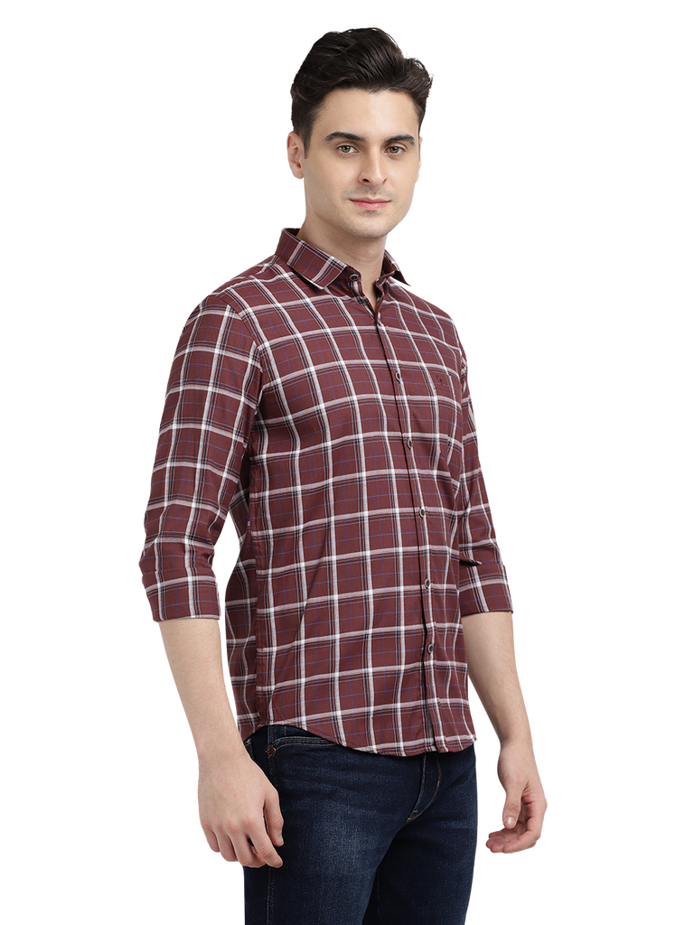 Model wearing Clarke Gable's Maroon With White Checked Casual Shirt in a casual setting