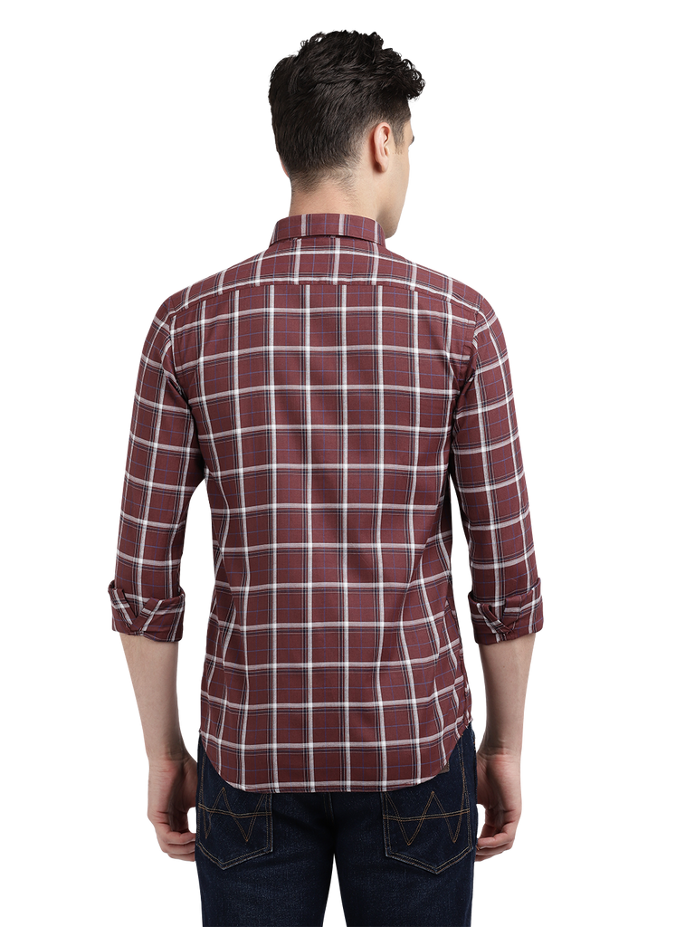 Model wearing Clarke Gable's Maroon With White Checked Casual Shirt in a casual setting