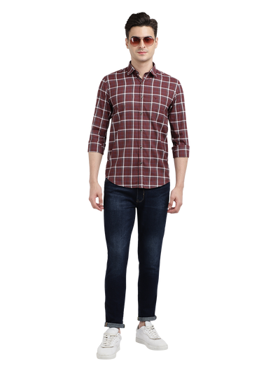 Model wearing Clarke Gable's Maroon With White Checked Casual Shirt in a casual setting