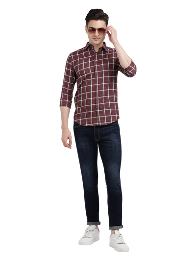 Model wearing Clarke Gable's Maroon With White Checked Casual Shirt in a casual setting