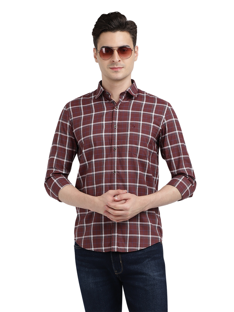 Model wearing Clarke Gable's Maroon With White Checked Casual Shirt in a casual setting