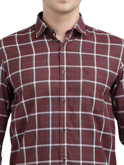 Model wearing Clarke Gable's Maroon With White Checked Casual Shirt in a casual setting