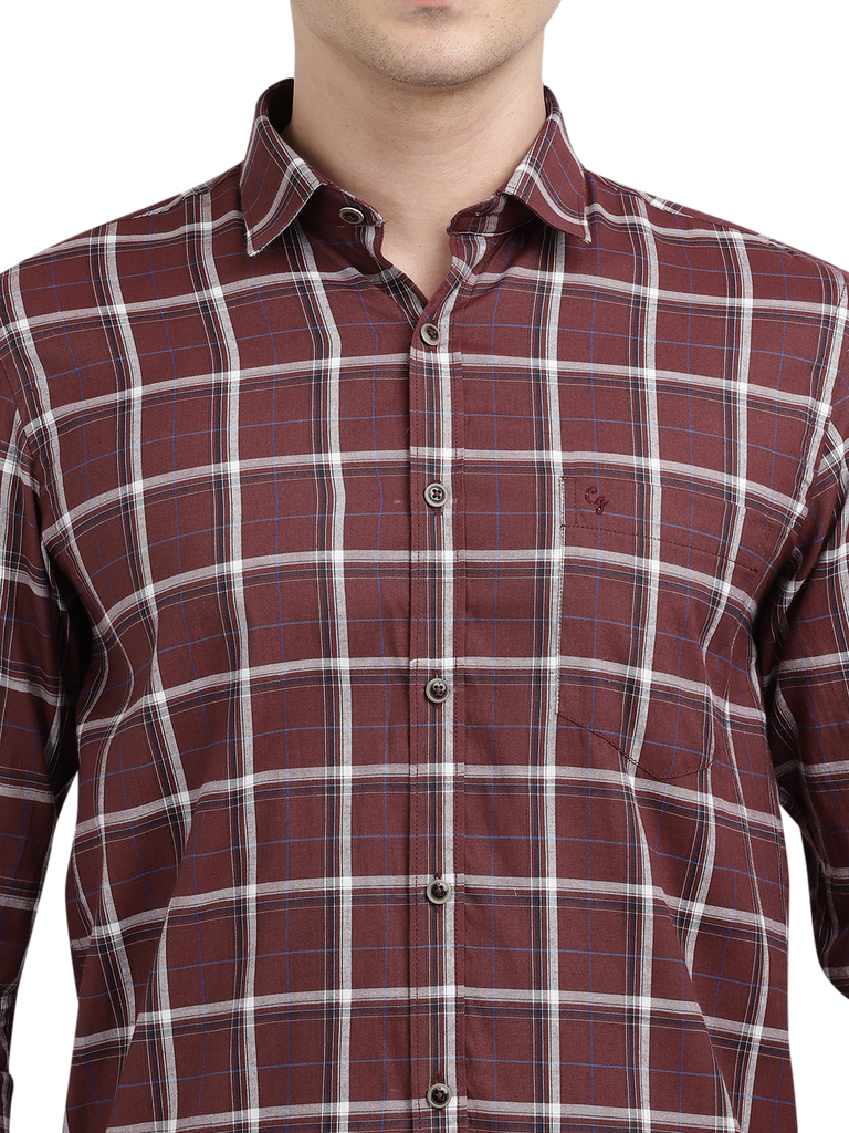 Model wearing Clarke Gable's Maroon With White Checked Casual Shirt in a casual setting