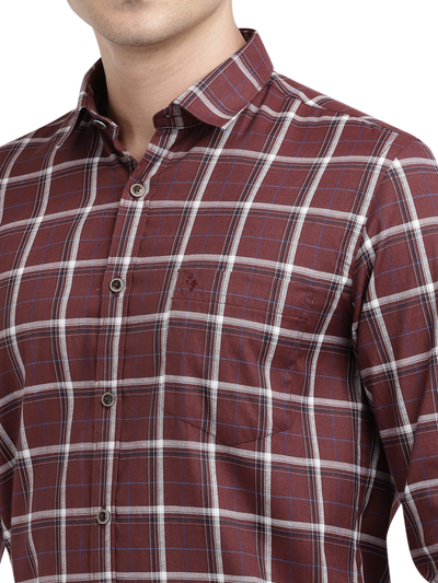 Model wearing Clarke Gable's Maroon With White Checked Casual Shirt in a casual setting