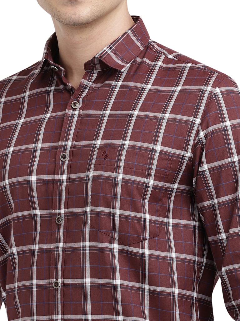 Model wearing Clarke Gable's Maroon With White Checked Casual Shirt in a casual setting