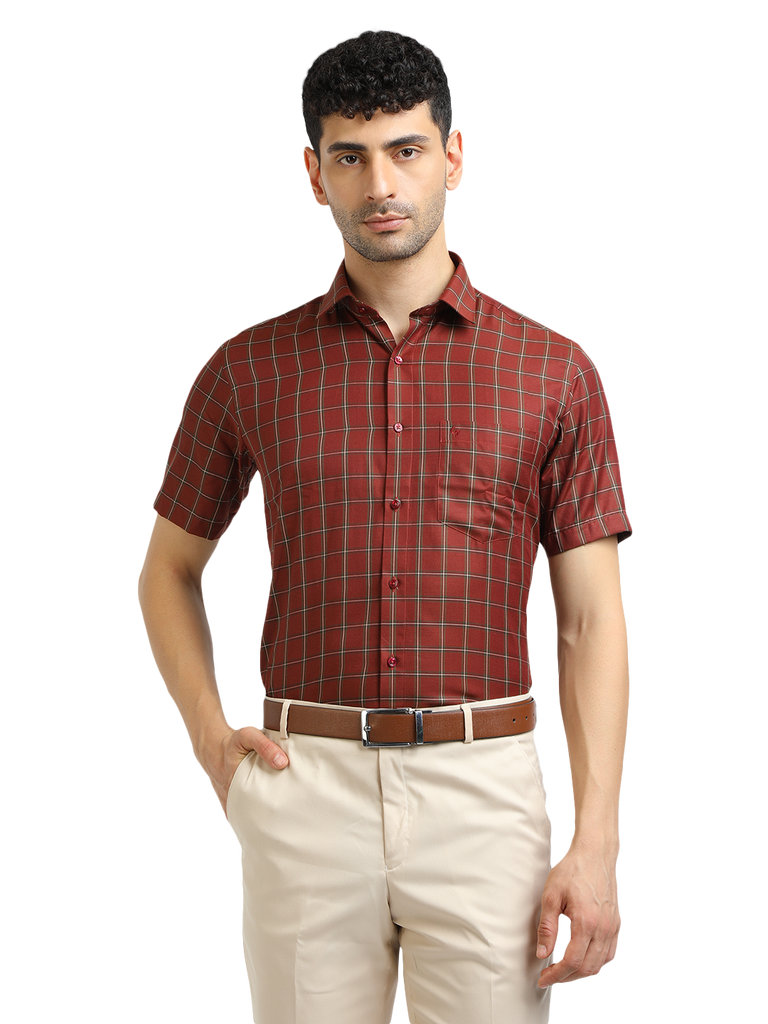 Model wearing Clarke Gable's Maroon With White Checked Formal Shirt in a casual setting