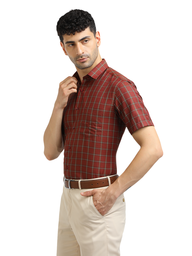 Model wearing Clarke Gable's Maroon With White Checked Formal Shirt in a casual setting