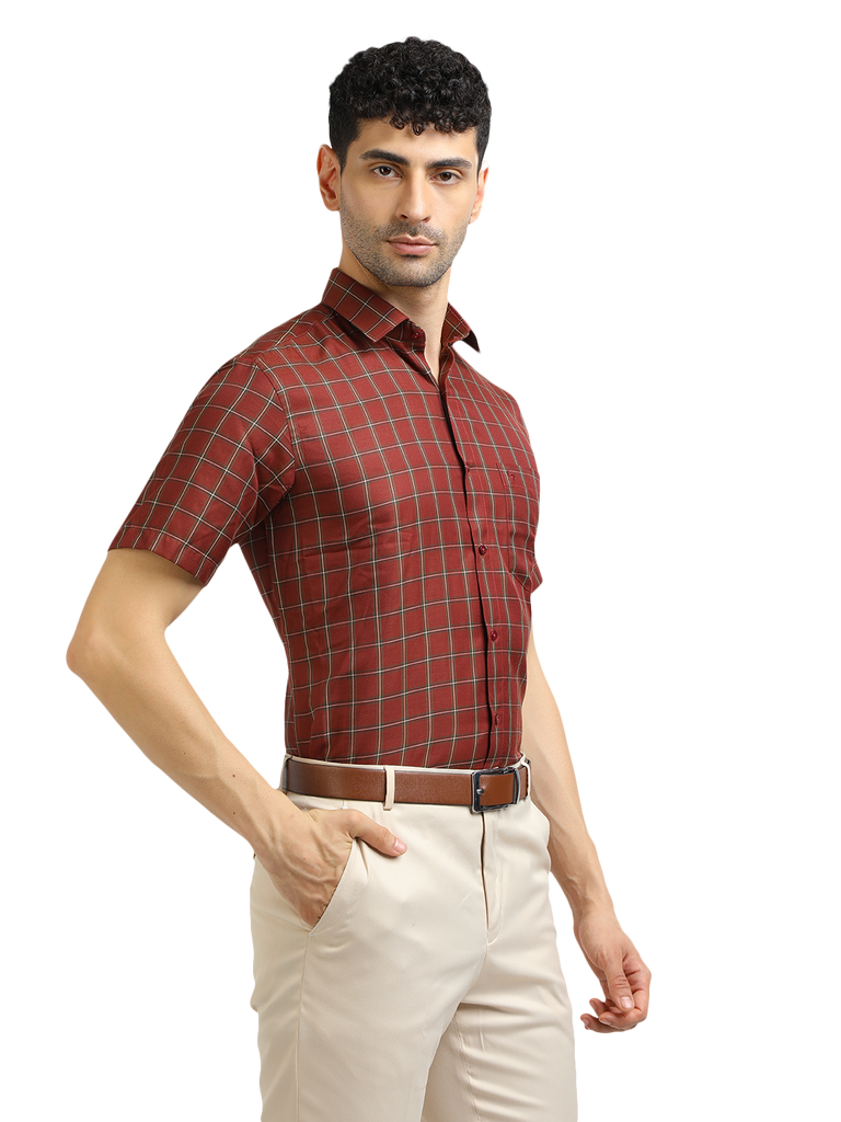 Model wearing Clarke Gable's Maroon With White Checked Formal Shirt in a casual setting