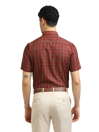 Model wearing Clarke Gable's Maroon With White Checked Formal Shirt in a casual setting