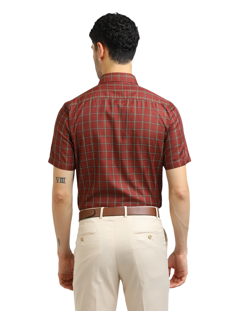 Model wearing Clarke Gable's Maroon With White Checked Formal Shirt in a casual setting