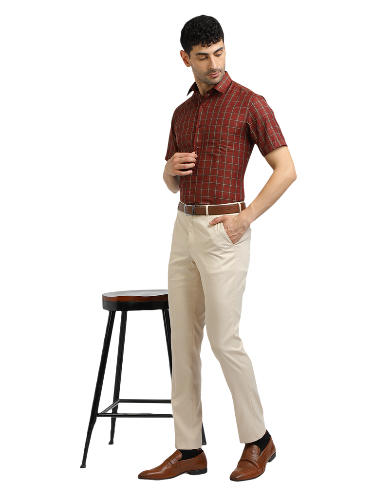 Model wearing Clarke Gable's Maroon With White Checked Formal Shirt in a casual setting