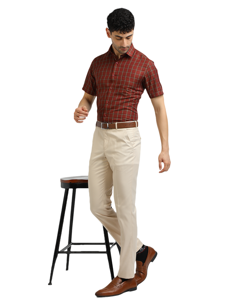 Model wearing Clarke Gable's Maroon With White Checked Formal Shirt in a casual setting