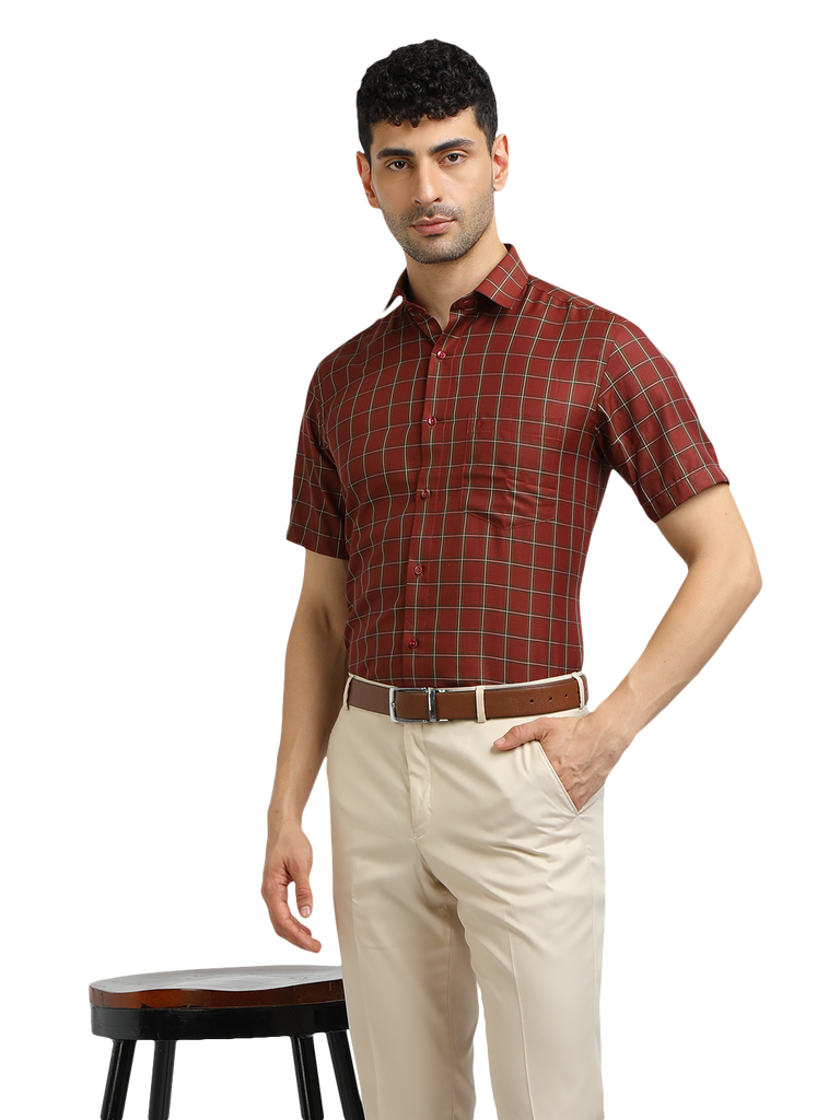 Model wearing Clarke Gable's Maroon With White Checked Formal Shirt in a casual setting