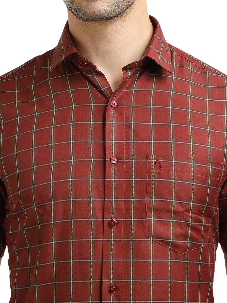 Model wearing Clarke Gable's Maroon With White Checked Formal Shirt in a casual setting