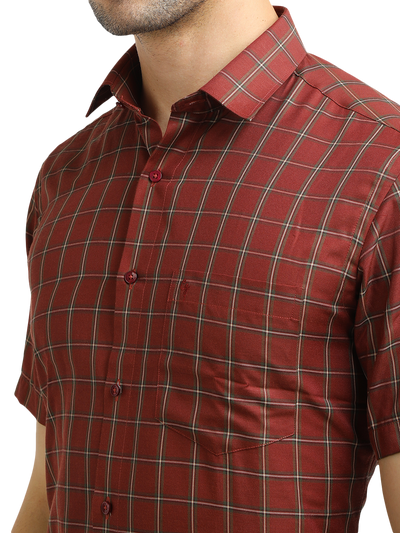 Model wearing Clarke Gable's Maroon With White Checked Formal Shirt in a casual setting