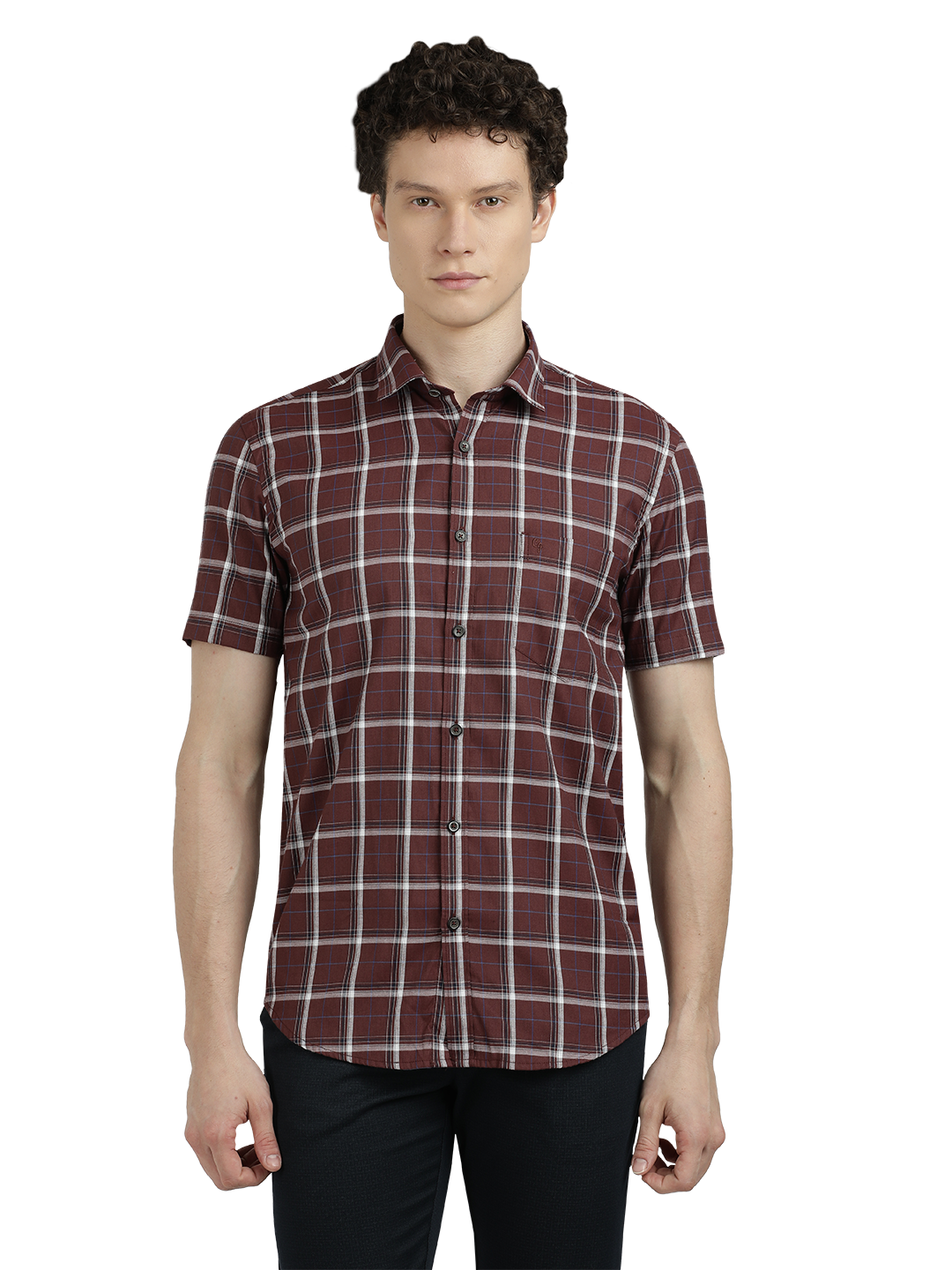 Model wearing Clarke Gable's Maroon With White Checked Semi Casual Shirt in a casual setting